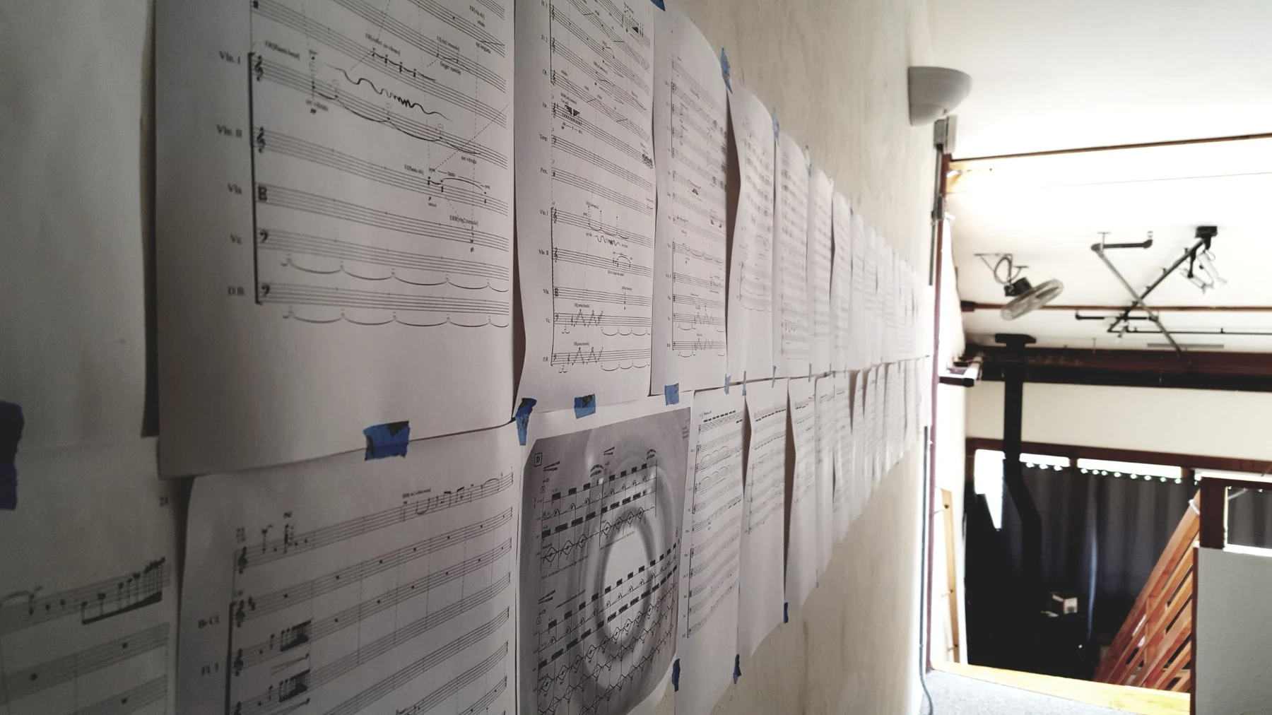 Pages of the Concerto for Charango and Orchestra score during work at Djerassi
