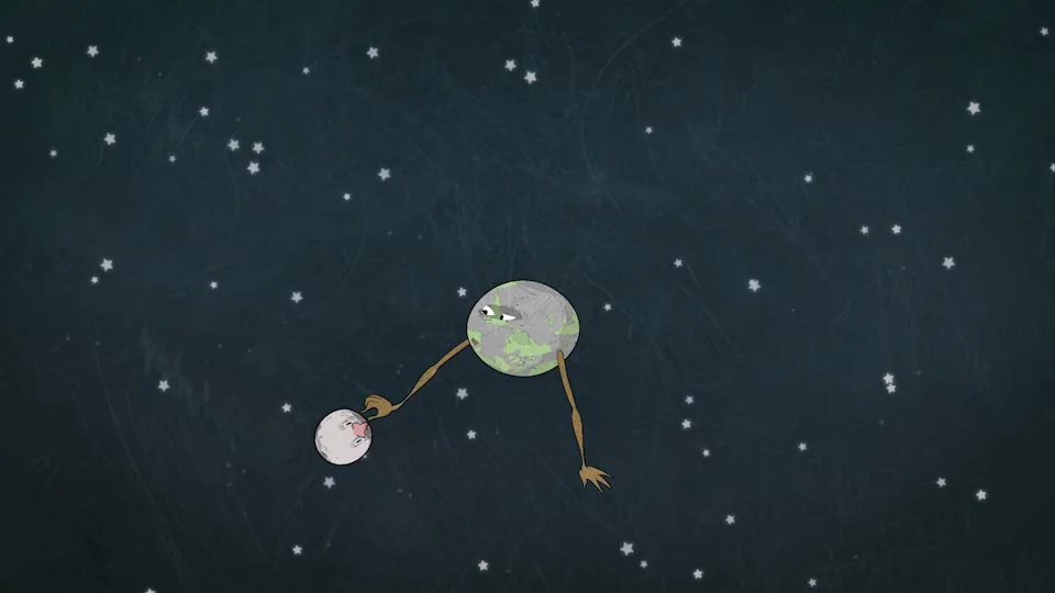 Animated Earth and Moon characters from Recreo Espacial