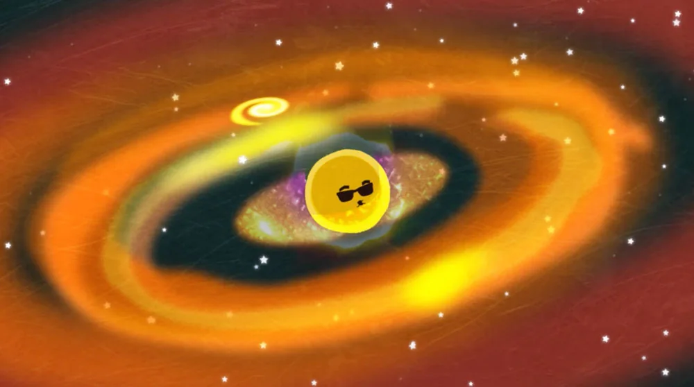 Animated scene from Recreo Espacial showing a young star and a surrounding disk